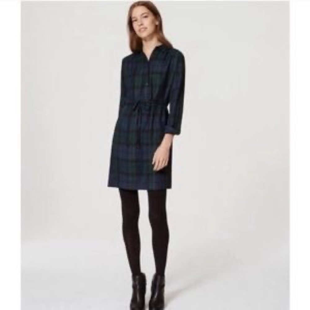 LOFT Plaid Long Sleeve Dress - Navy and Green